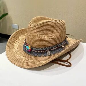 Boho Tan Straw Hat with Colorful Beads